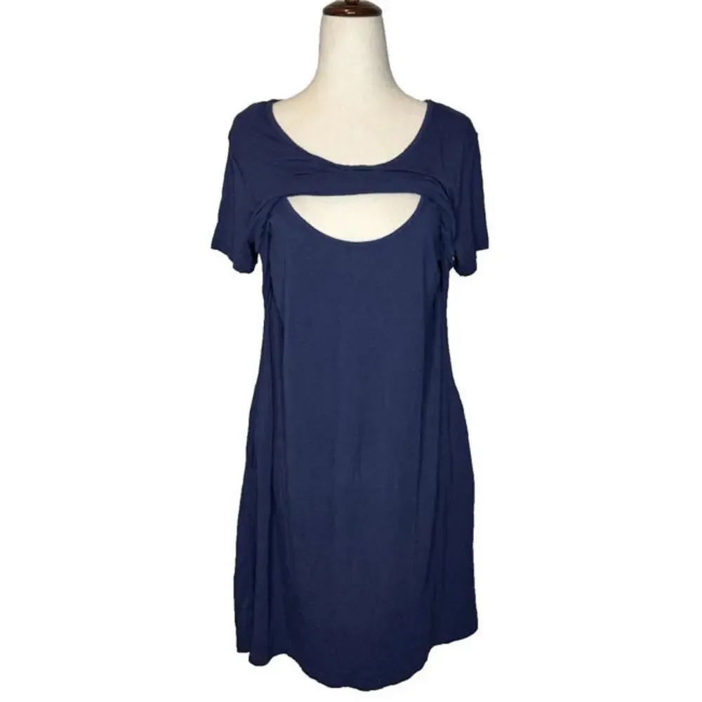 Kindred Bravely M Eleanora Bamboo Maternity Nursing Dress Blue Stretch Comfort - Picture 3 of 7